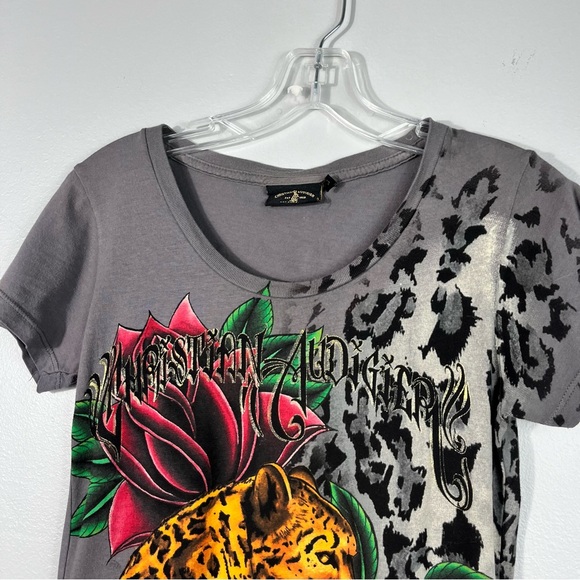 Christian Audigier Y2K Leopard Printed AOP All Over Print Slim Graphic Tee Small - Picture 4 of 6